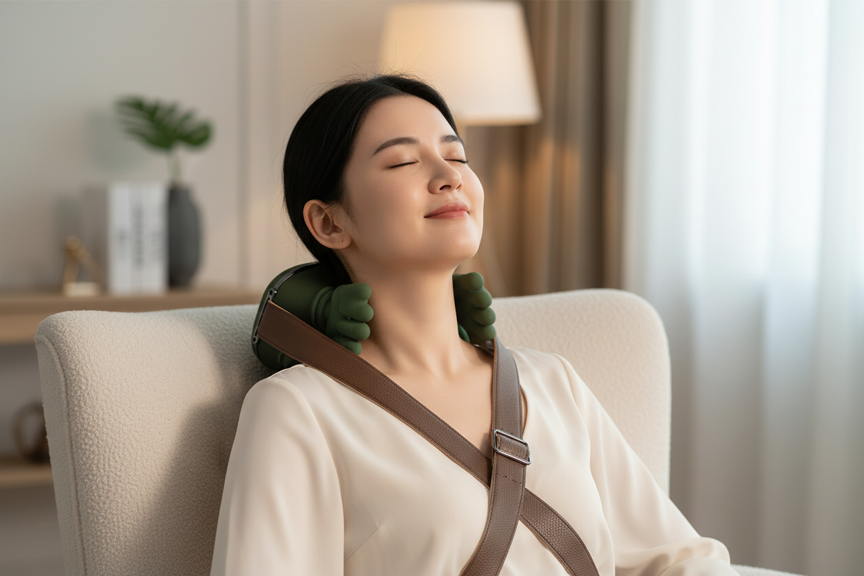 Trapezius Massager Pro being used on neck and shoulders