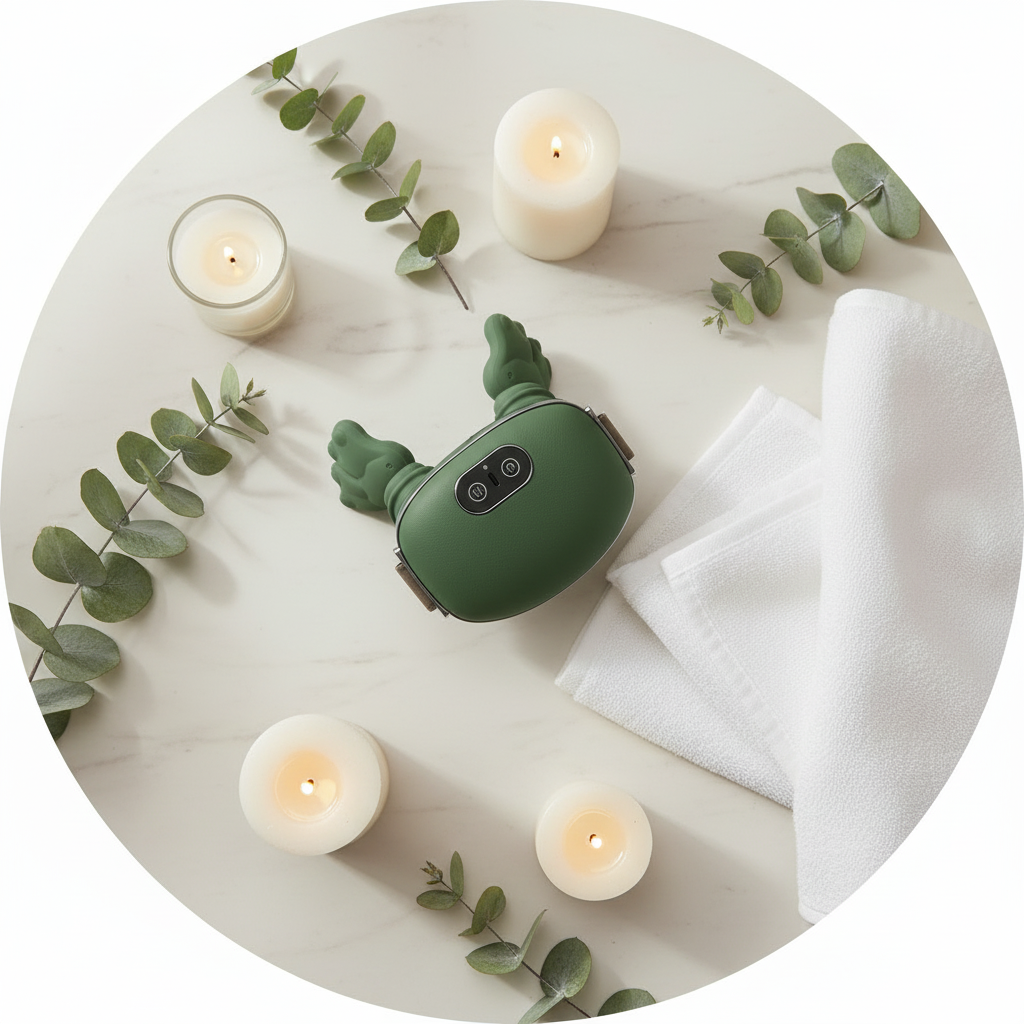 Trapezius Massager Pro flat lay with candles, eucalyptus and white towel spa setting