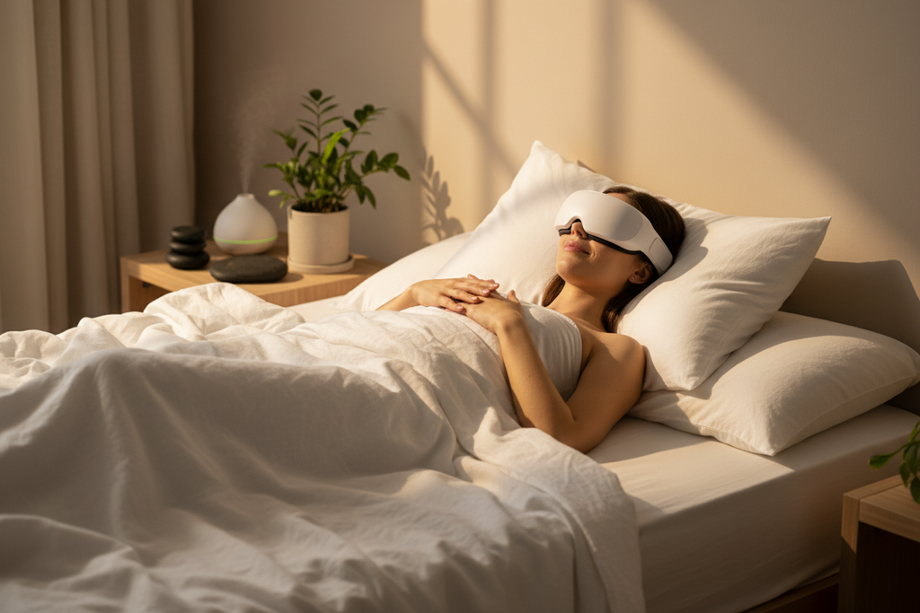 Woman relaxing wearing an eye massager device in a spa setting