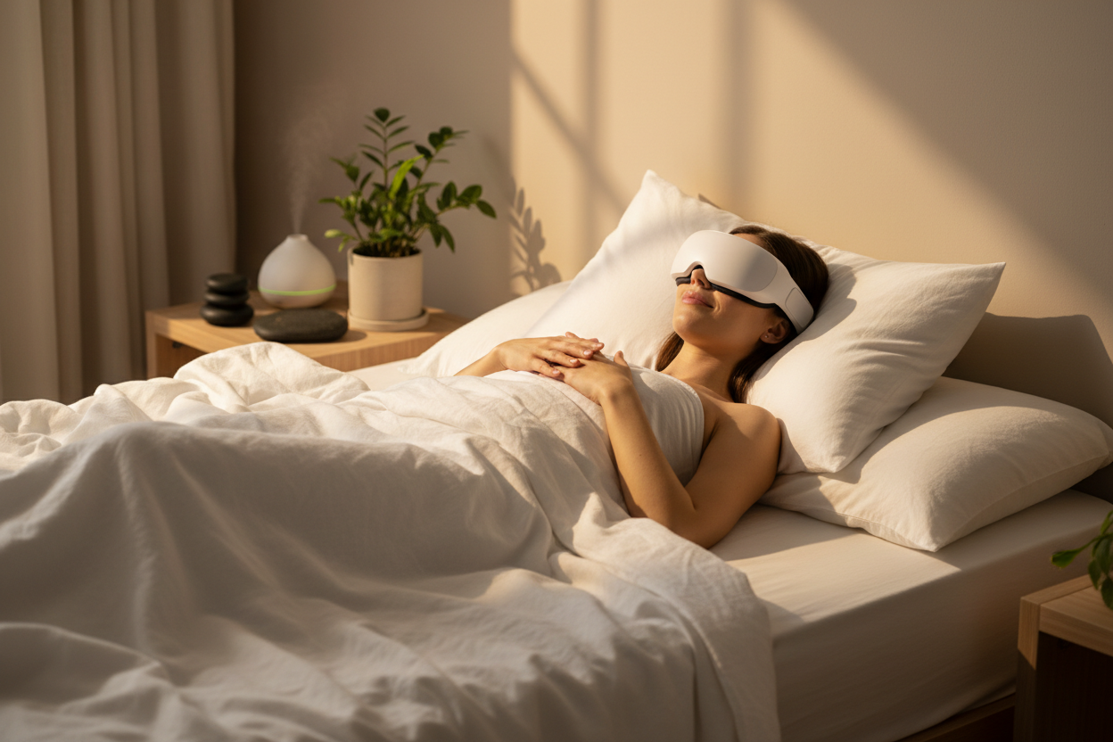 Woman relaxing wearing an eye massager device in a spa setting